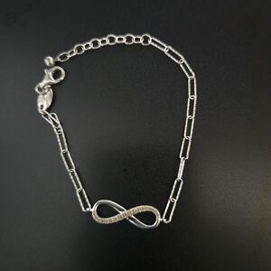 White Sapphire (Lab Created) Silver Infinity Bracelet 8 Inches GUC